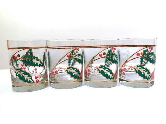 Culver Signed Mid-Century Holly Leaf Double Old Fashion Glasses (Set of 4)