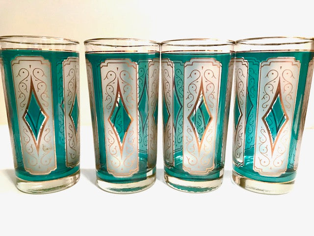 Libbey Mid-Century Emerald Blue & 22-Karat Gold Diamond Glasses (Set of 4)