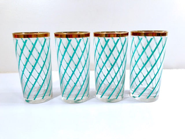 Libbey Sorrento Turquoise and White Stripe Highball Glasses (Set of 4)