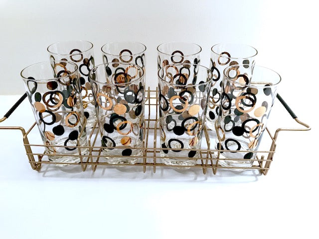 Mid-Century 22-Karat Gold and Black Circle Highball Glasses With Carrier (Set of 8)