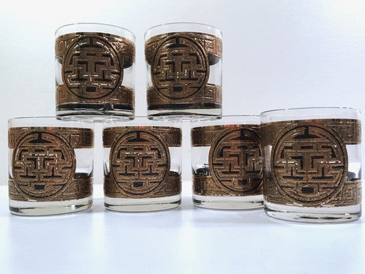 Pasinski Signed Mid-Century Medieval Asian Key Design Old Fashion Glasses (Set of 6)