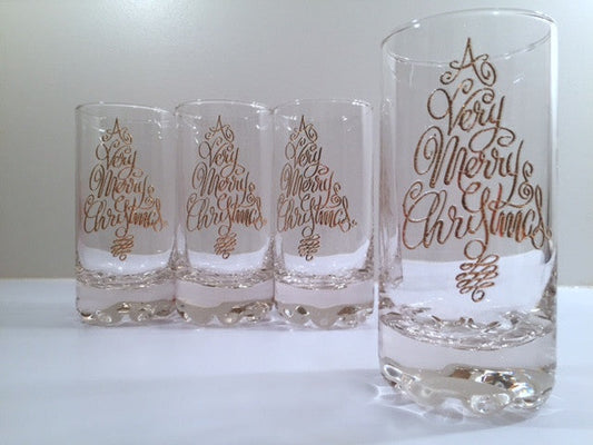 Mid-Century A Very Merry Christmas 22-Karat Gold Glasses (Set of 4)