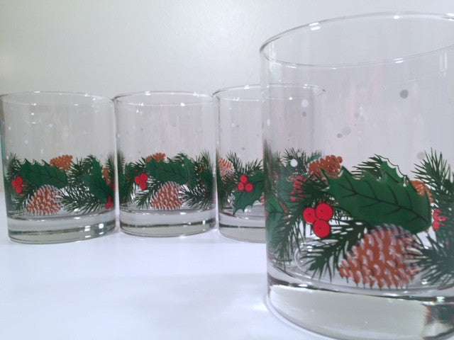 Libbey Pinecone and Holly Double Old Fashion Glasses (Set of 4)