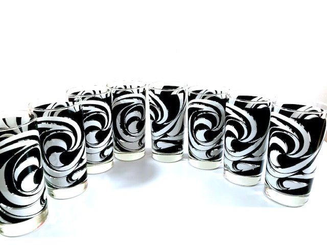 Libbey Partytime Mid-Century Black and White Atomic Swirl Glasses (Set of 8)