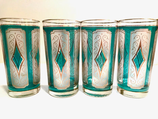 Libbey Mid-Century Emerald Blue & 22-Karat Gold Diamond Glasses (Set of 4)