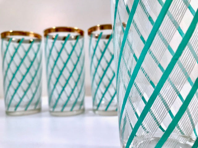Libbey Sorrento Turquoise and White Stripe Highball Glasses (Set of 4)