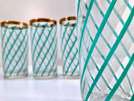 Libbey Sorrento Turquoise and White Stripe Highball Glasses (Set of 4)