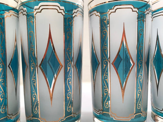 Libbey Mid-Century Emerald Blue & 22-Karat Gold Diamond Glasses (Set of 4)