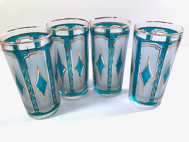 Libbey Mid-Century Emerald Blue & 22-Karat Gold Diamond Glasses (Set of 4)
