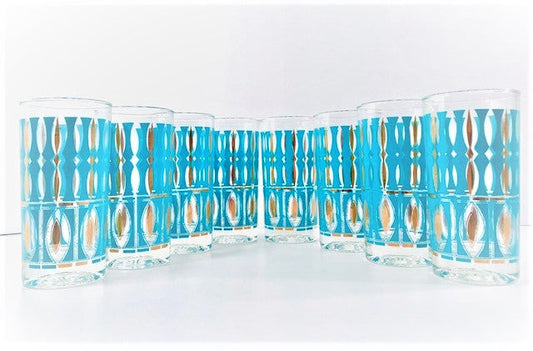 Sears Mid-Century Elegance 22-Karat Gold and Turquoise Highball Glasses (Set of 8)