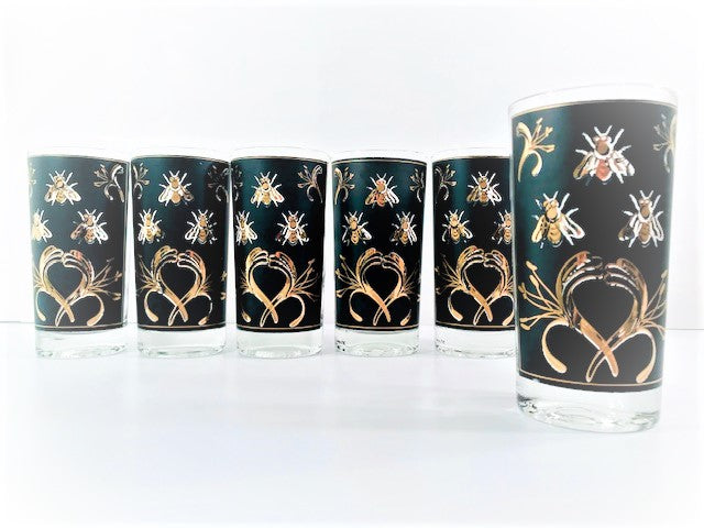 Mid-Century 22-Karat Gold and Black Bumblebee Highball Glasses (Set of 6)