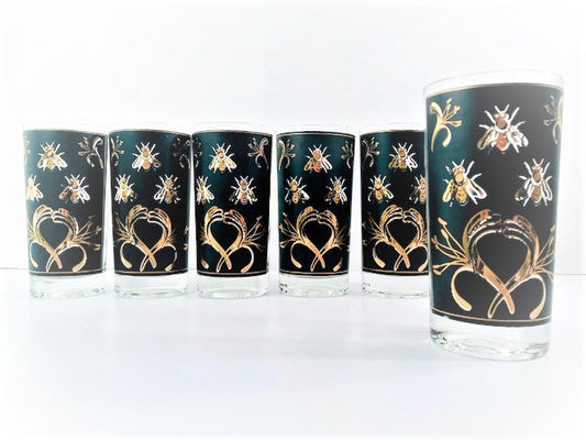 Mid-Century 22-Karat Gold and Black Bumblebee Highball Glasses (Set of 6)